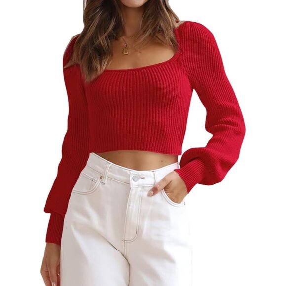 Lacozy Women's Red Greenr Trendy Long Sleeve Cropped Square Neck Knit Shirts - Picture 1 of 5